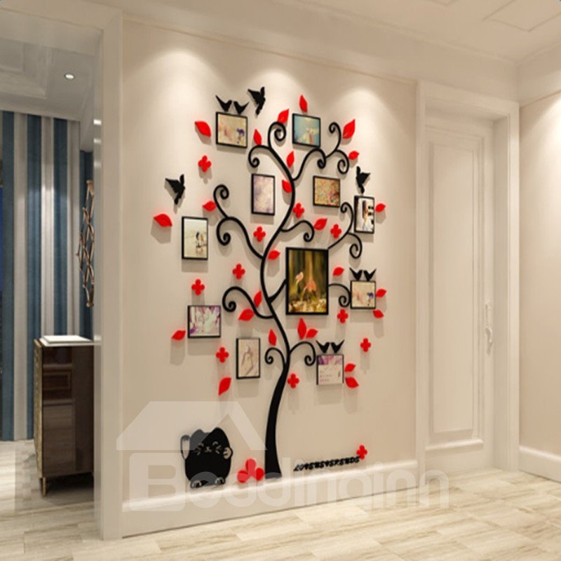 Tree Red Flowers Birds Acrylic 10 Photo Frames Environmental 3D Wall Stickers