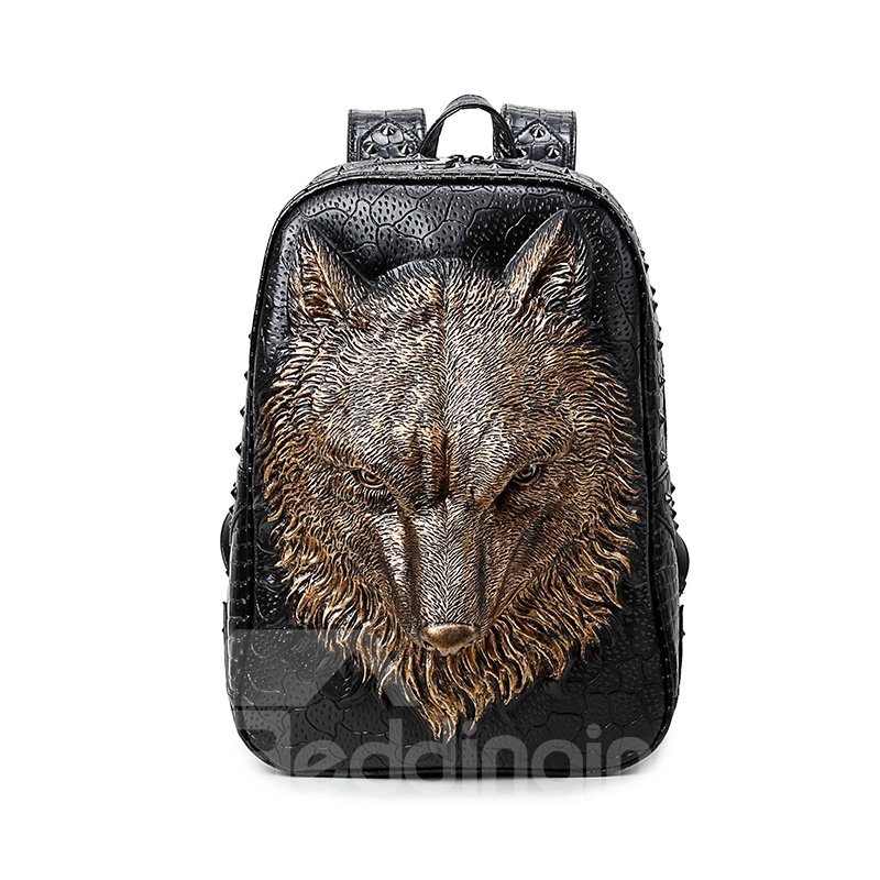 3D Wolf Face Studded Backpack PU Leather Shoulder Bag - Image 2