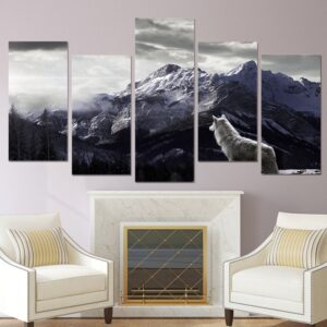 Waterproof Wolf and Mountain Plain Coloured 5 Pieces Hanging Canvas Eco-friendly Non-Framed Prints Wall Prints