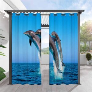 Creative Blue 3D Animal Outdoor Curtains Dolphin Grommet Top Cabana Curtain Waterproof Sun-proof Heat-insulating Polyester 2 Panels