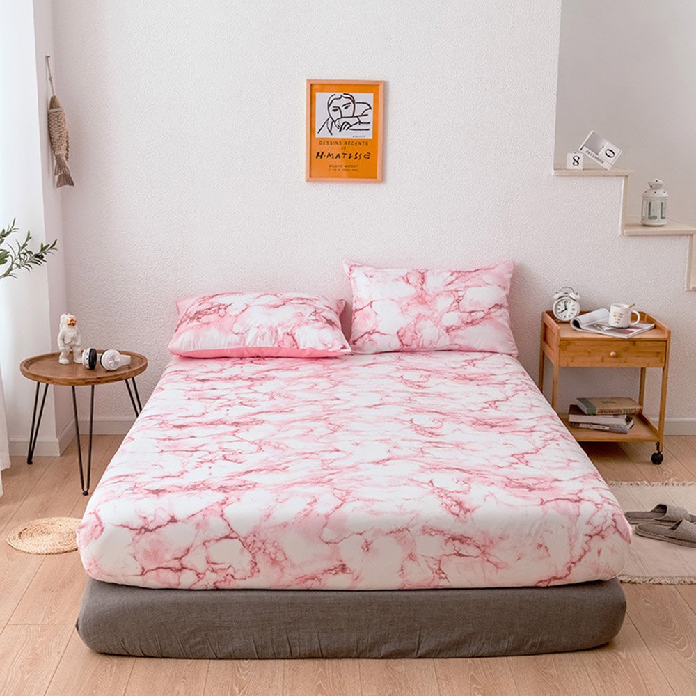 Pink Marble Reactive Printing Dry Cleaning Three-Piece Set Polyester Bedding Sets Fitted Sheets 2 Pillowcases - Image 4