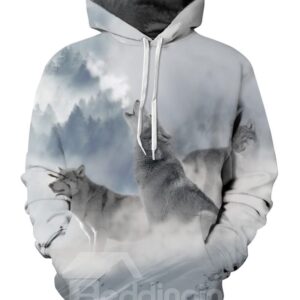 Long Sleeve Wolves Snow Mountain Pattern 3D Painted Hoodie