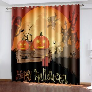 Halloween Pumkin Moon Yellow 3D Printed Curtains Blackout Decoration Window Shading Curtain Custom 2 Panels Drapes
