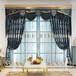 Elegant Floral Embroidery Blue Tulle Blackout Noble Sheer Curtain for Living Room Bedroom Window Decor Custom 2 Panels Drapes Breathable Voile