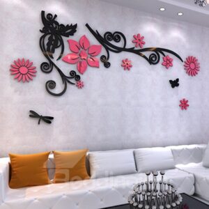 Elegant Flowers and Black Branches Pattern Acrylic 3D Wall Stickers