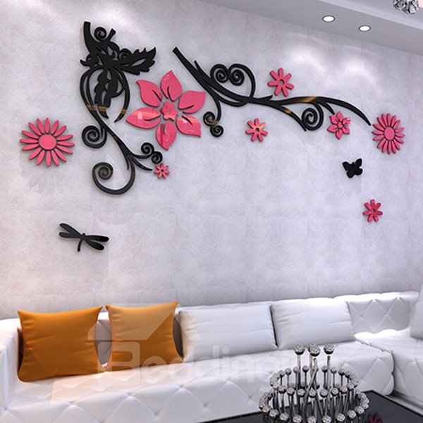 Elegant Flowers and Black Branches Pattern Acrylic 3D Wall Stickers