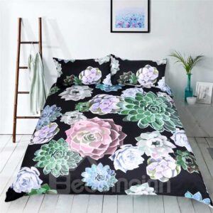 3D Succulent Plant Printed Polyester 3-Piece Black Bedding Sets/Duvet Covers