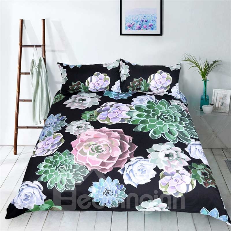 3D Succulent Plant Printed Polyester 3-Piece Black Bedding Sets/Duvet Covers