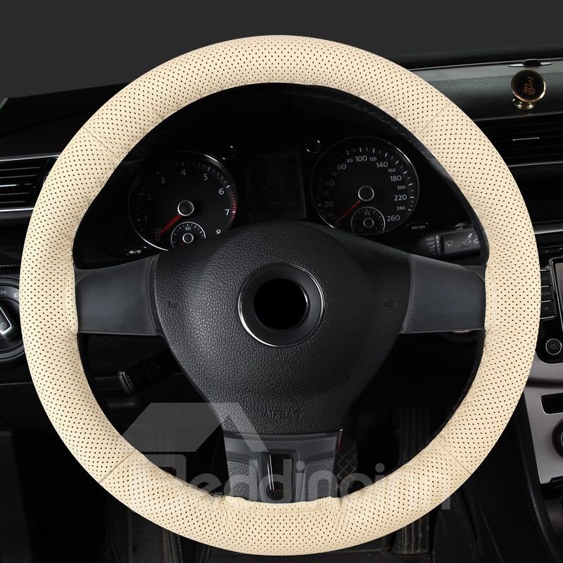Pure Color Textured Genuine PU Leather Hand-stitched Steering Wheel Cover - Image 7