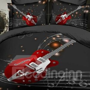 US Only 4-Piece Duvet Cover Set 3D Guitar with Stave Print Bedding Colorfast Wear-resistant Endurable Skin-friendly Ultra-soft Microfiber No-fading Polyester
