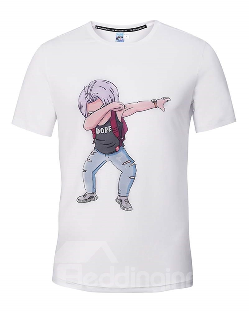 Cute Round Neck Cartoon Man Dance Pattern White 3D Painted T-Shirt - Image 5