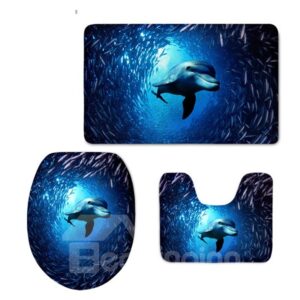 Dolphin Swimming in Sea Pattern Flannel PVC Soft Water-Absorption Anti-slid Toilet Seat Covers