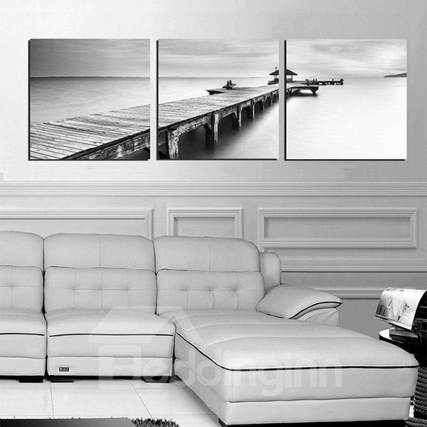 Unique Quiet Lake and Wood Bridge 3-Panel Black and White Canvas Art Prints