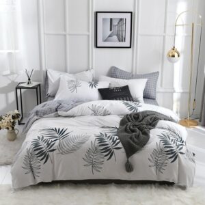 Modern Gray Leaves Plaid 4-piece Duvet Cover Set Soft Cotton Bedding Set Full Queen Size