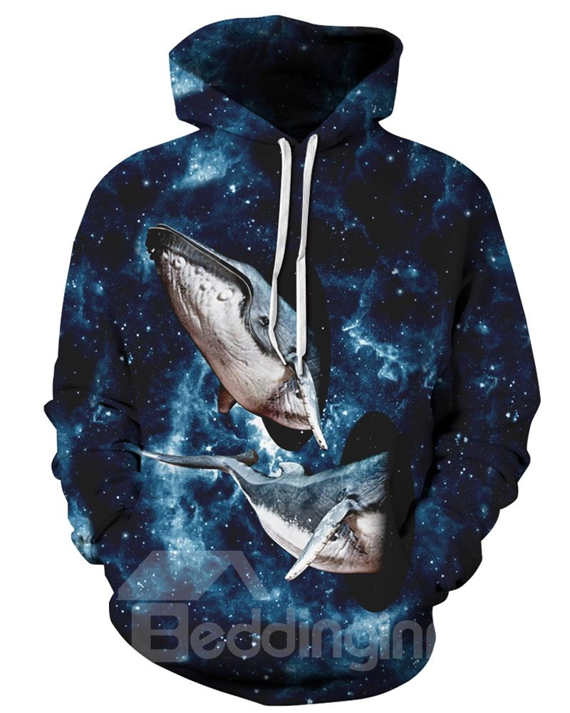 Long Sleeve Whale Fly to the Sky Galaxy Pattern 3D Painted Hoodie - Image 2