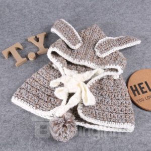 Bunny-ear Domed Knitted Brimless Hooded Cape with Pompon Baby Hat