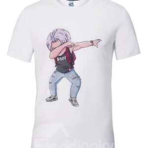 Cute Round Neck Cartoon Man Dance Pattern White 3D Painted T-Shirt
