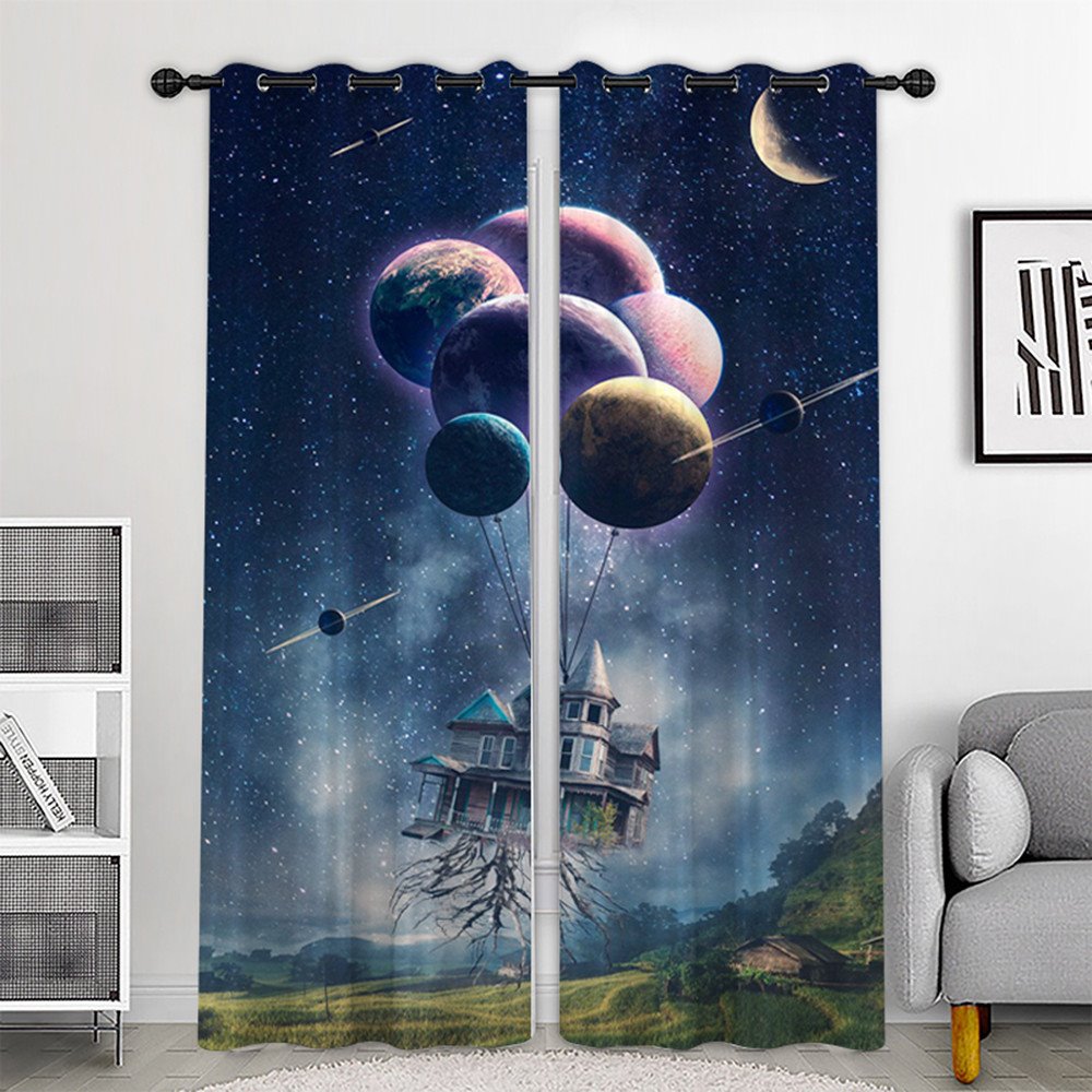 3D Printed Moving Castle and Starry Galaxy Blackout Curtains Custom 2 Panels Drapes for Living Room Bedroom No Pilling No Fading No off-lining Polyester - Image 2