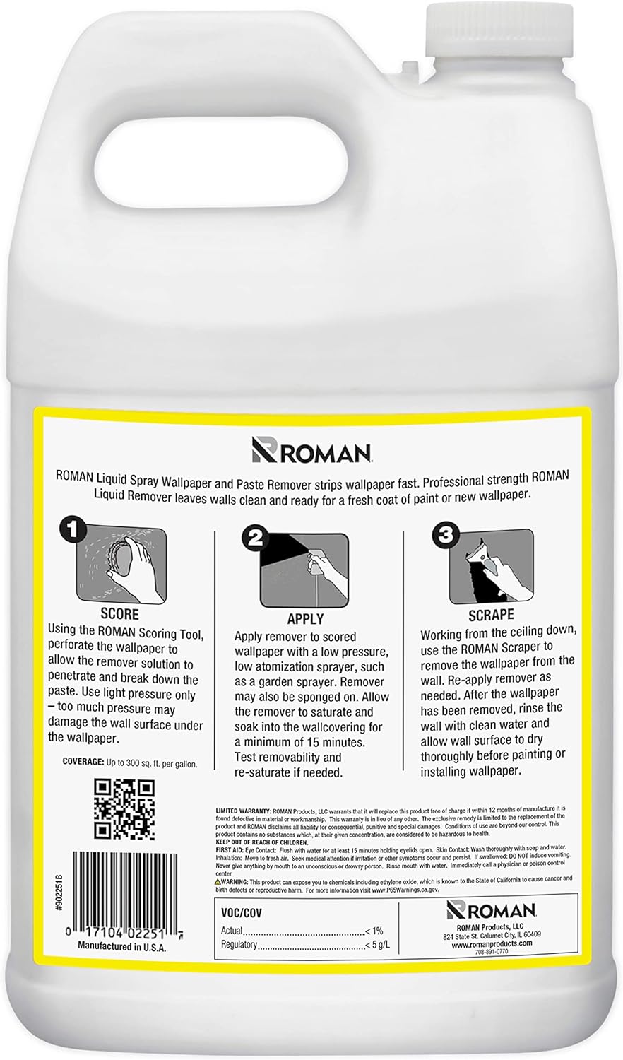 Roman Wallpaper Remover Liquid Spray, Contractor Strength Wallpaper Stripper and Adhesive Remover, Unscented, Non-Staining, Clear, PRO-496 (1 Gallon, 300 Sq. Ft.) - Image 2