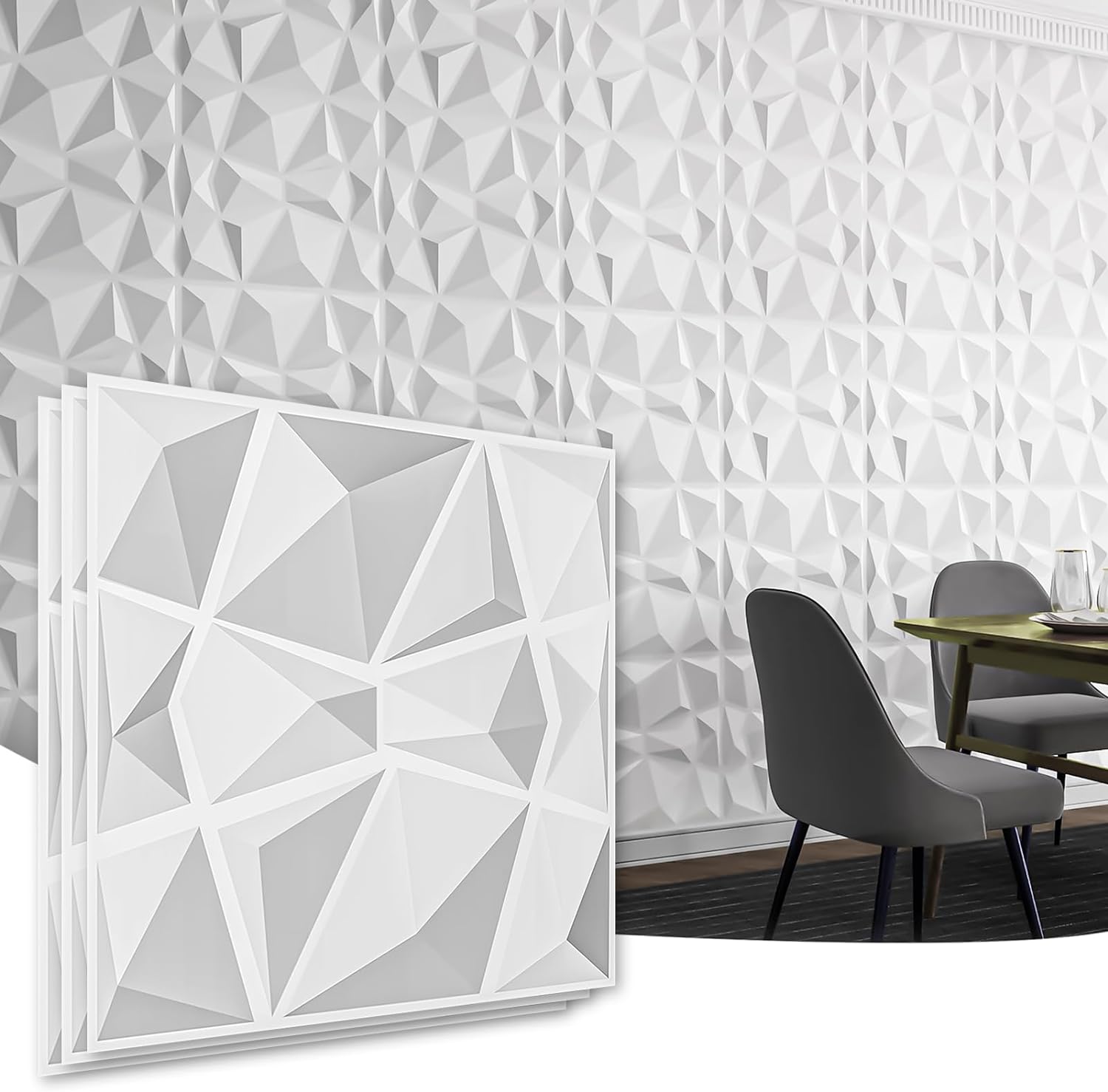 Art3d Textures 3D Wall Panels White Diamond Design Pack of 12 Tiles 32 Sq Ft (PVC)