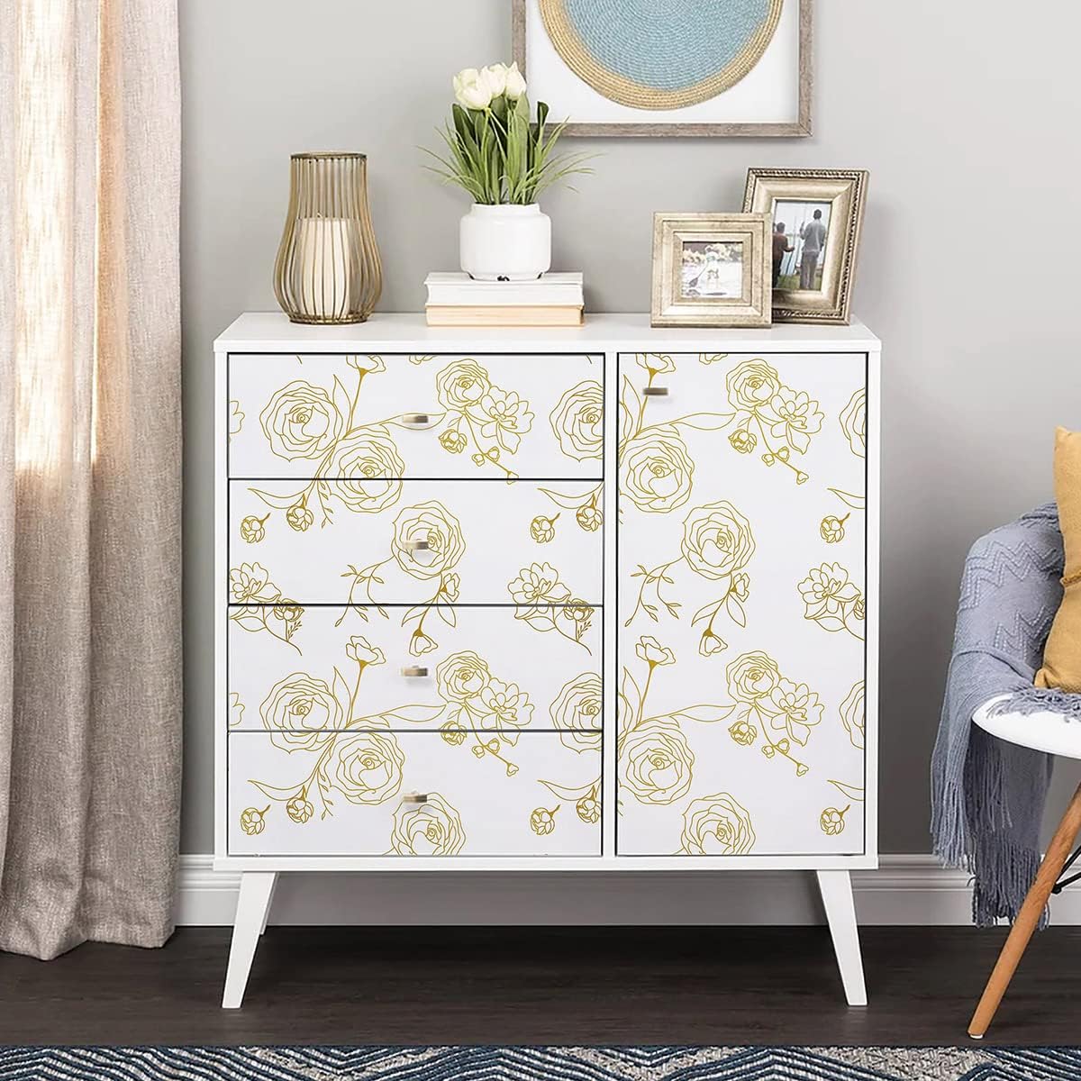 Safiyya Contact Paper Floral Wallpaper Gold and White Contact Paper Peel and Stick Wallpaper Boho Flower Contact Paper for Cabinets Covering Vinyl Rolls 78.7"x17.3" - Image 3