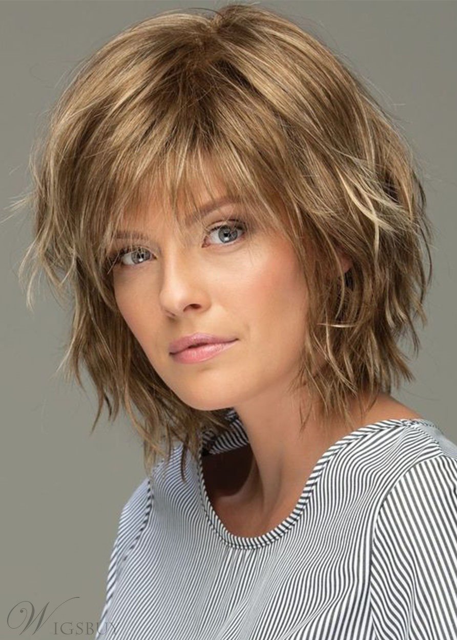 Messy Look Women's Shoulder Length Style Features Choppy Layers Wavy Human Hair Women Capless 12 Inches 120% Wigs - Image 4