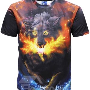 Psychedelic Wolf Round Neck Men 3D Graphic Print Short Sleeve Tee Tops T-Shirt