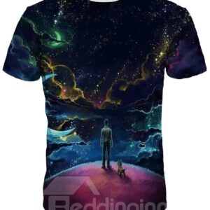 Unisex Boy and Dog Short Sleeve Printed 3D Pattern T-Shirt