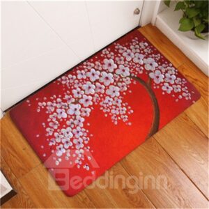16¡Á24in White Flowers Flannel Water Absorption Soft and Nonslip Red Bath Rug/Mat