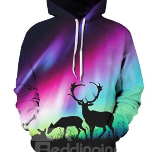 Long Sleeve Aurora Deer Pattern 3D Painted Hoodie