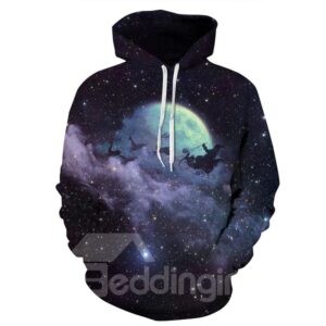 Long Sleeve Night Moon Sky 3D Christmas Pattern Hoodie