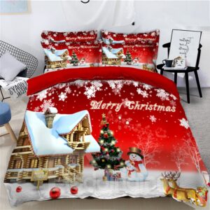 Snowman and Reindeer Printed Snow 3D 4-Piece Christmas Bedding Sets Duvet Covers Colorfast Wear-resistant Endurable Skin-friendly All-Season Ultra-soft Microfiber No-fading