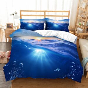 4 PCS Duvet Cover Set Blue Seabed Pattern Reactive Printing Dry Cleaning Polyester Bedding Sets 2 Pillowcases 1 Duvet Cover 1 Flat Sheet