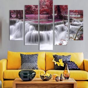 Red Forest and Waterfall 5-Piece Canvas Hung Non-framed Wall Prints
