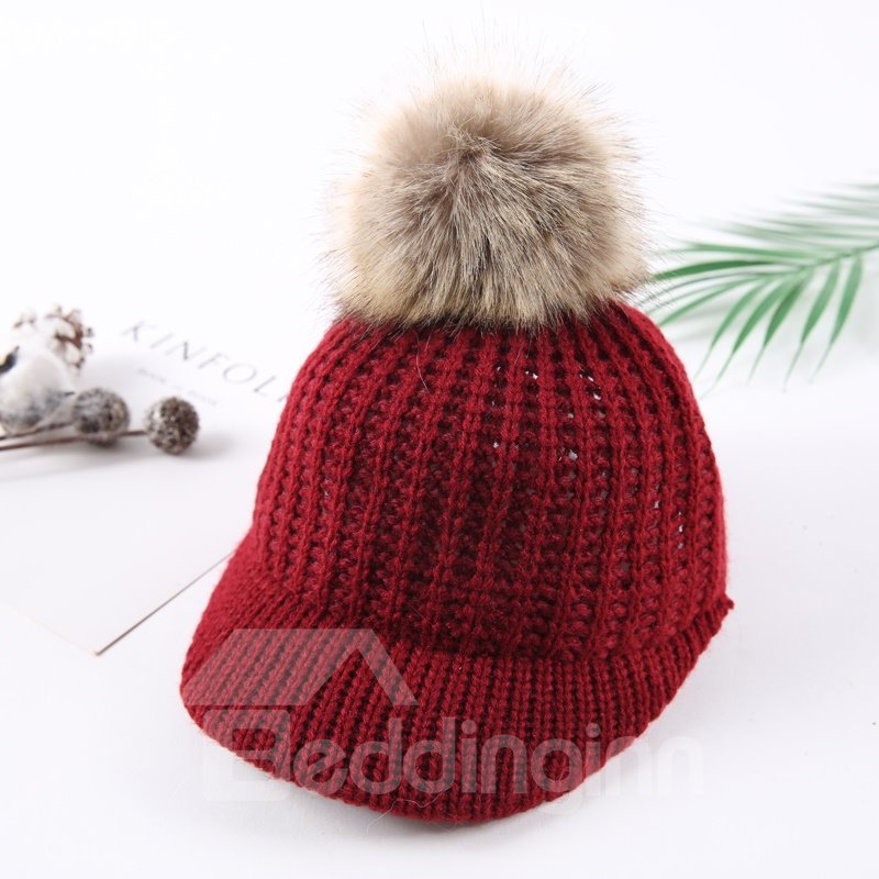 Domed Knitted Winter Hat with Pompon Short Brim Baby Hat