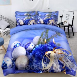 Glistening Christmas Tree Blue Printed 3D 4-Piece Bedding Sets Duvet Covers Colorfast Wear-resistant Endurable Skin-friendly All-Season Ultra-soft Microfiber No-fading