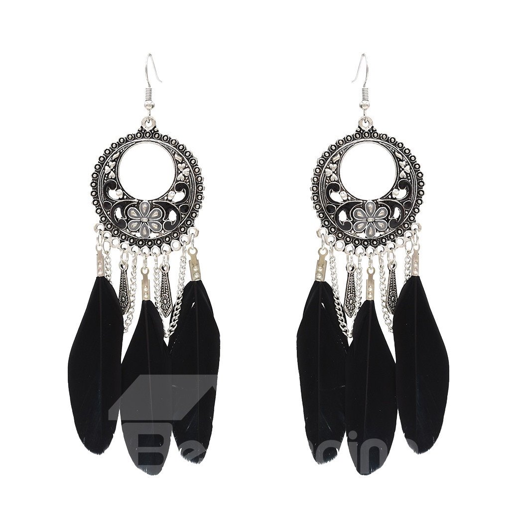 Ethnic Style Oil Drip Technic Alloy Female Feather Drop Earrings
