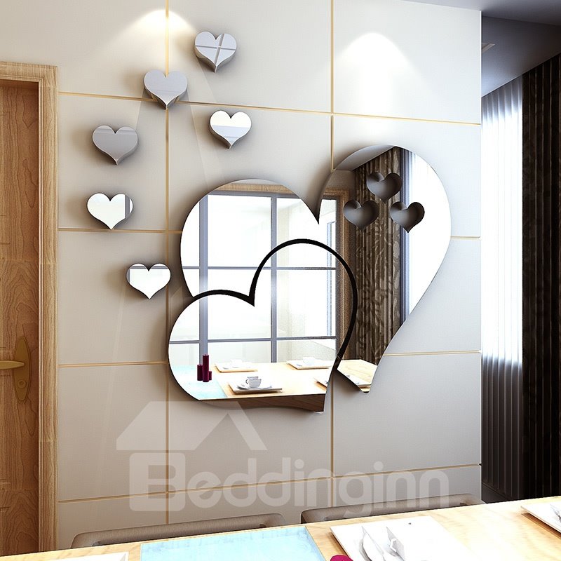 Silver Heart-shaped Acrylic Mirror Waterproof and Eco-friendly 3D Wall Stickers