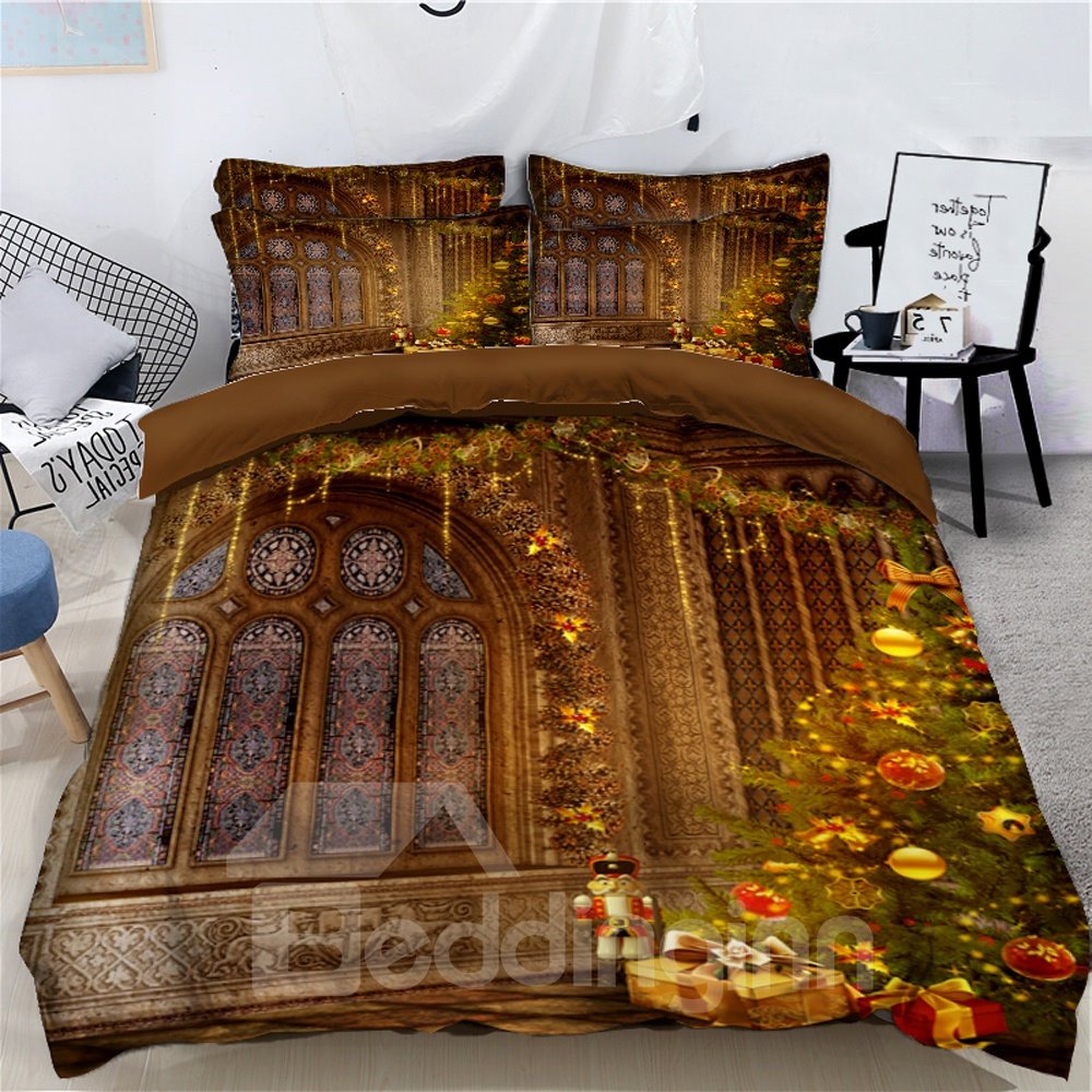 Christmas Tree with Decorations and Stove Printed 3D 4-Piece Bedding Sets Duvet Covers Colorfast Wear-resistant Endurable Skin-friendly All-Season Ultra-soft Microfiber No-fading - Image 4