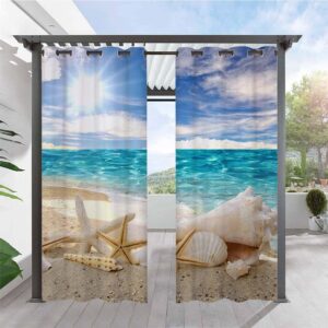Modern 3D Printed Outdoor Curtains Sea Scenery Shell Cabana Grommet Top Curtain Waterproof Sun-proof Heat-insulating 2 Panels