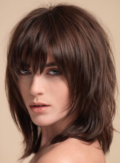 Layered Shag Hairstyle with Full Fringe Middle Length Synthetic Capless Women Wigs - Image 43