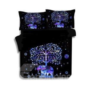 3D Elephant and Tree Printed Exotic Style Polyester 3-Piece Black Bedding Sets