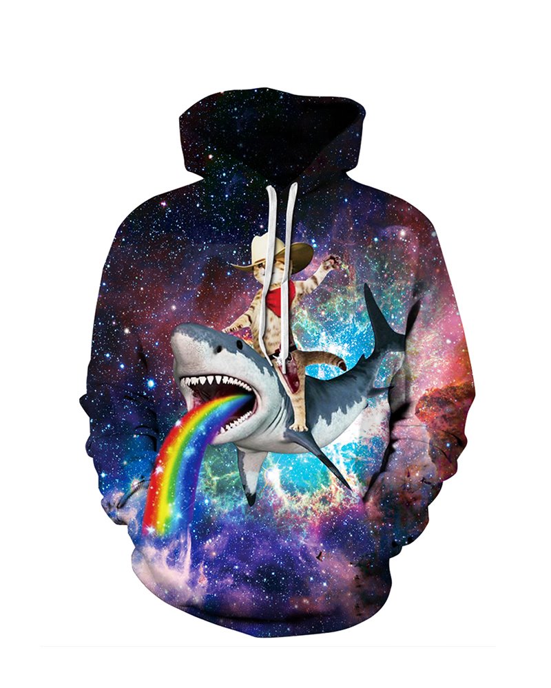 Cat with Shark Rainbow Long Sleeve 3D Pattern Hoodie