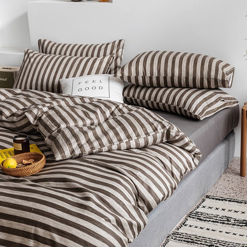 Modern 4-Piece Stripe Duvet Cover Set Cotton Bedding Set 1 Duvet Cover 1 Flat Sheet 2 Pillowcases Soft Comfortable Durable