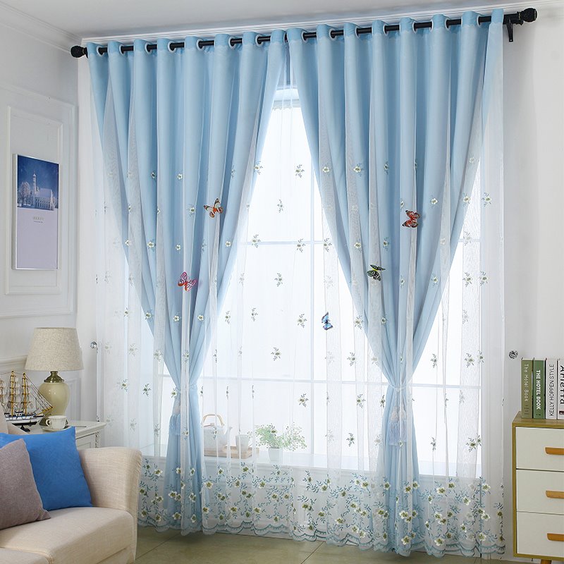 Embroidery Blackout and Decorative Cloth and Sheer Sewing Together Blue 2 Panels Curtain - Image 16