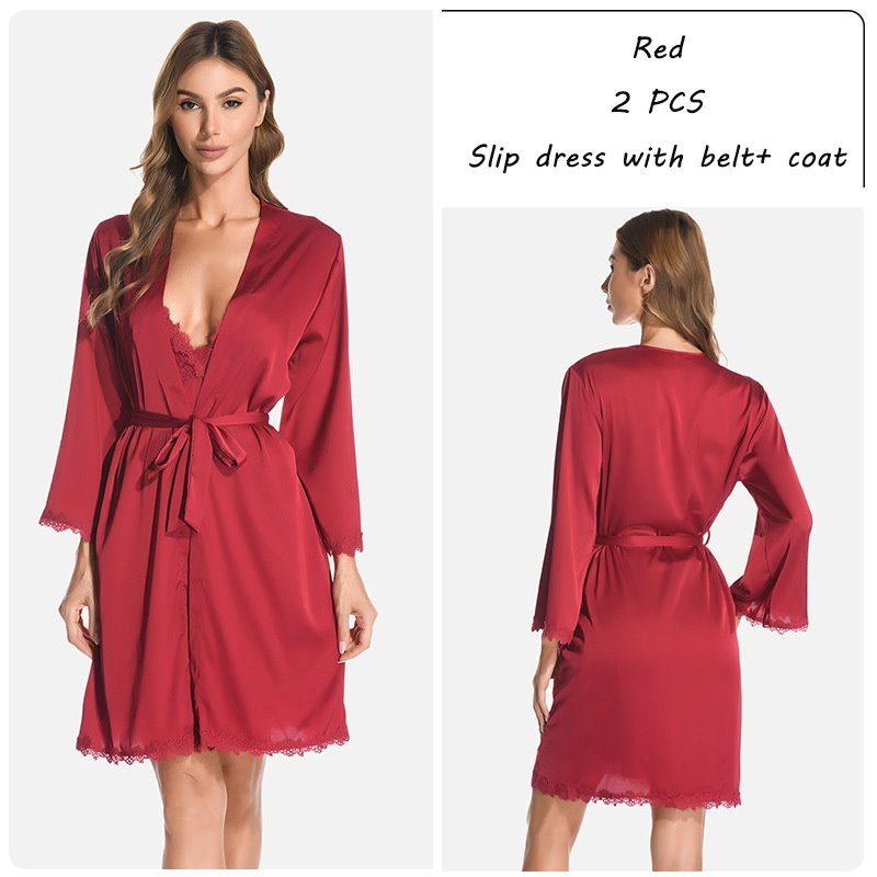 Pajamas Sexy Chiffon Lace Plain Regular Women's Pajama Suit Home Dress Nightgowns Robe 2 PCS Set - Image 11