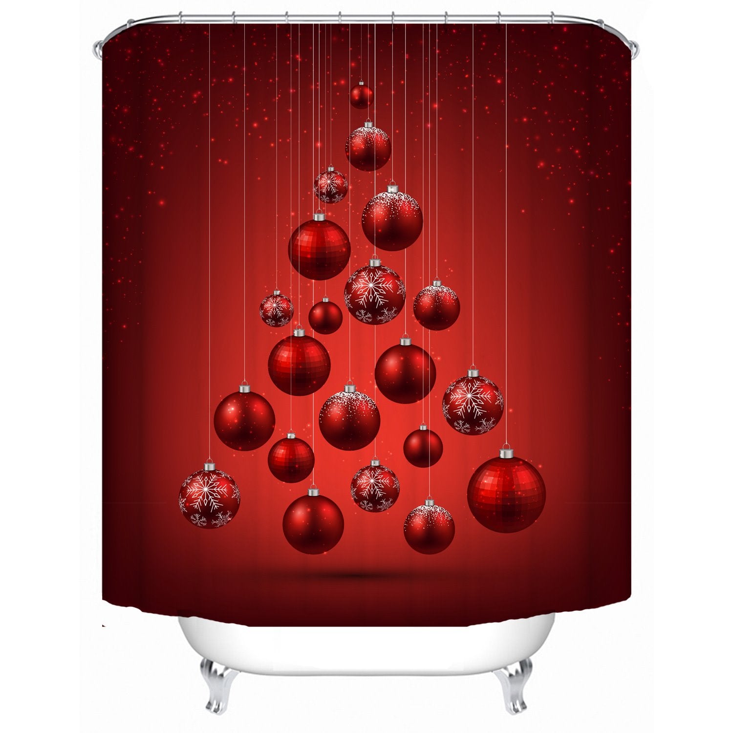 Red Christmas Bell 3D Floral Shower Curtain Bathroom Partition Curtain Durable Waterproof Mildew Proof Polyester - Image 3