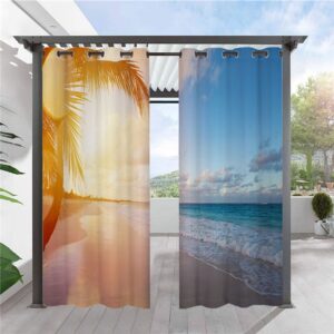 Modern 3D Outdoor Curtains Seaside Scenery Sunset Cabana Grommet Top Curtain Waterproof Sun-proof Heat-insulating 2 Panels