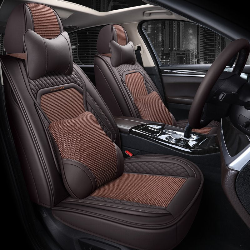 Breathable Fabric Wear-resistant Leather Materials Wear-resisting Scratch No Peculiar Smell Fresh Breathable Not Stuffy Airbag Compatible 5-seater Universal Fit Seat Covers With Lumbar Pillow*2 Headrest Pillow*2 Steering Wheel Cover*1 - Image 2