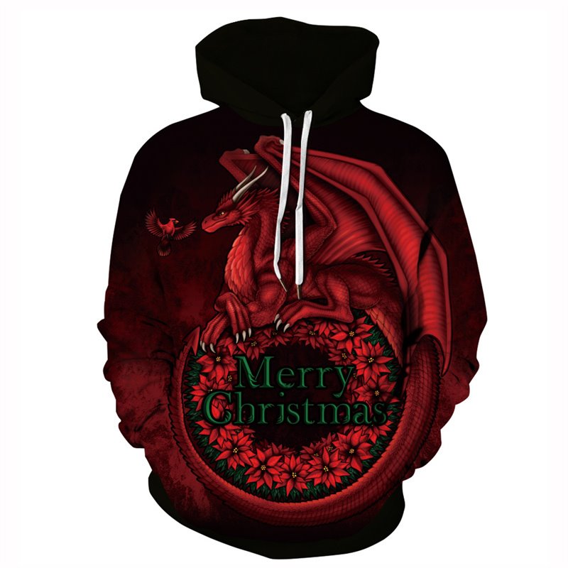 Casual 3D Print Men's Hoodie Christmas Themed Red Dinosaurs Couple Outfit Unisex Pullover Hoodies Fashion Long Sleeve Loose Sweatshirt Sportswear